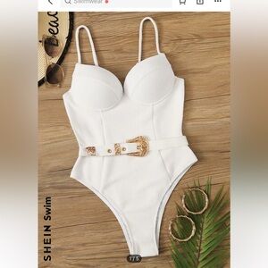 SHEIN White and Gold One Piece Swimsuit with Adjustable Straps